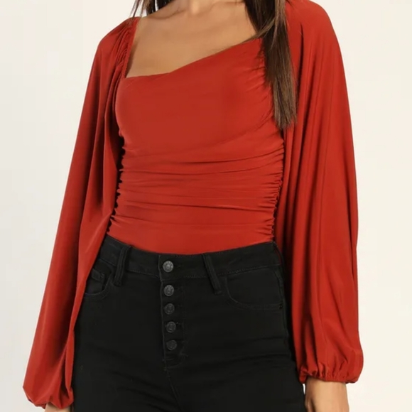 NWT Anything But Average Rust Orange Ruched Balloon Sleeve Bodysuit Top Sz XS - Picture 3 of 7